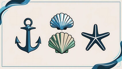 Ocean Themed Border Seashells Starfish Anchor Wavy Design