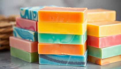 Stack of colorful, fragrant soap bars ready for use,  bath,  cleaning