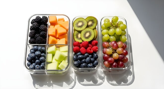 Three clear containers hold assorted fruits blackberries melons kiwi grapes blueberries raspberries arranged on white