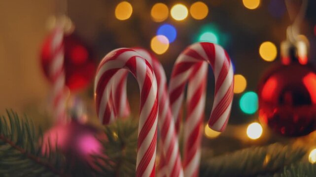 Candy canes, Christmas decorations, blurred festive lights in background, warm winter holiday. Close-up.