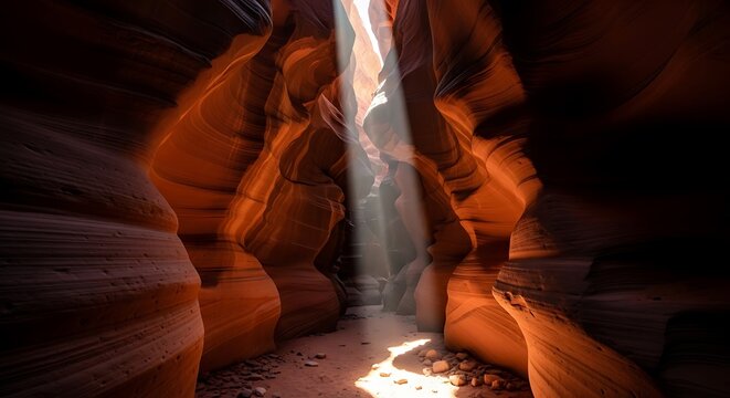 Sunbeam shining down in slot canyon