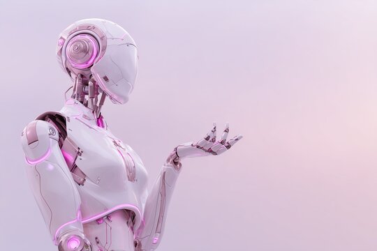 Elegant Feminine Humanoid Robot with Pink Neon Accents and Open Hand Gesture