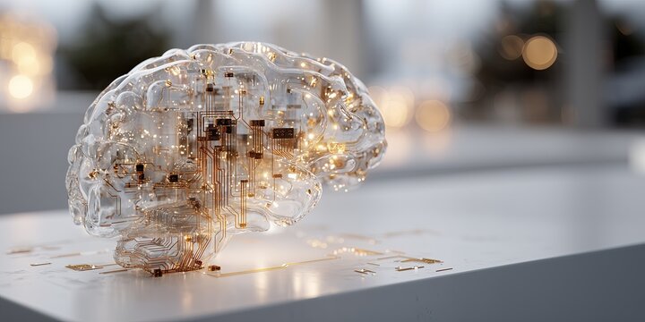 Futuristic Human Brain Made of Transparent Glass and Glowing Electronic Circuits on Table