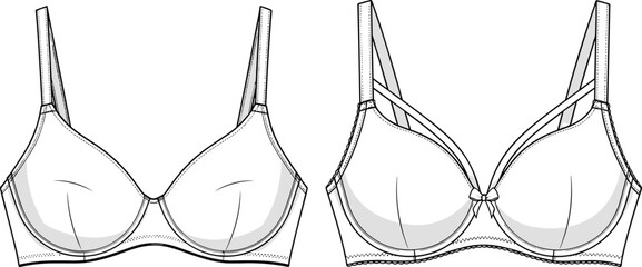 Technical vector drawing of multi-strap women's bra, fashion flat sketch, decorative lingerie CAD illustration template.