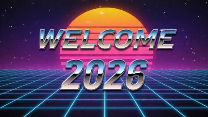 Retro Synthwave &ldquo;WELCOME 2026&rdquo; Neon Horizon Banner