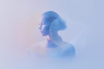 Abstract digital woman portrait with circular lines and data code overlay, futuristic AI technology concept on soft blue purple gradient background