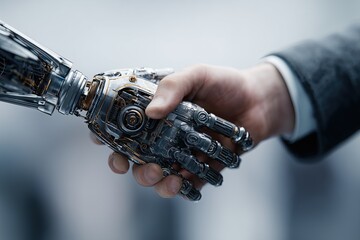 Human and robot handshake symbolizing AI partnership and future technology collaboration