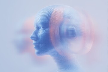 Abstract digital woman portrait with circular lines and data code overlay, futuristic AI technology concept on soft blue purple gradient background