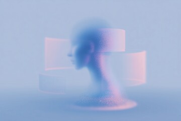 Abstract digital woman portrait with circular lines and data code overlay, futuristic AI technology concept on soft blue purple gradient background