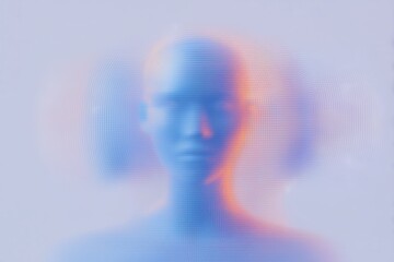 Abstract digital woman portrait with circular lines and data code overlay, futuristic AI technology concept on soft blue purple gradient background