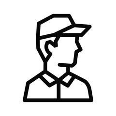 Line art icon of a person wearing a baseball cap, viewed from the side, representing service or delivery
