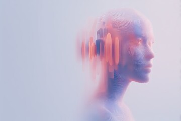 Abstract digital woman portrait with circular lines and data code overlay, futuristic AI technology concept on soft blue purple gradient background