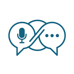 Teal microphone icon inside speech bubble crossed out next to speech bubble with dots communication