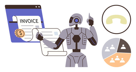 Robot handling digital invoice, a coin representing currency, analytics chart showing teamwork, and a phone icon. Ideal for finance, automation, technology, AI, business efficiency innovation
