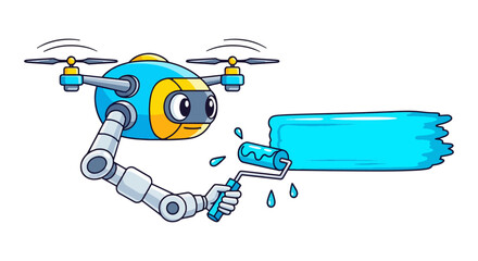 Innovative cartoon drone painting a blue stripe for creative designs and fun projects, perfect for tech enthusiasts and kids, offering a fresh perspective on home improvement