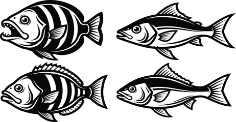 Set of four aggressive fish black and white vector illustrations, mascot collection for fishing, marine life, sea animals, and seafood logo design elements
