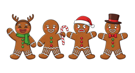 Four cartoon gingerbread man cookies with different expressions and accessories