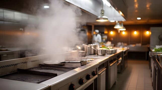 A busy commercial kitchen with steam rising from cooking equipment chefs working in the background - Powered by Adobe