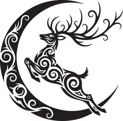 Stylized jumping deer and crescent moon with tribal art pattern