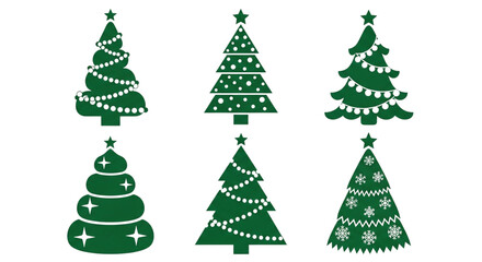 Fototapeta premium Collection of six green christmas trees decorated with lights and ornaments