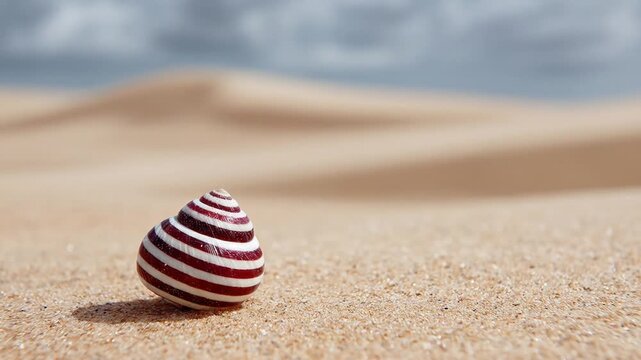 Close-up of a striped seashell on a sandy beach, with a blurred blue sky background