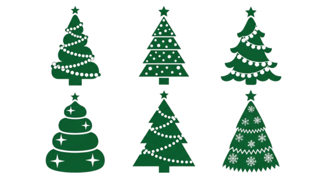 Collection of six green christmas trees decorated with lights and ornaments