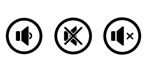 Three black and white sound icons showing volume up muted and no sound in a row on white background