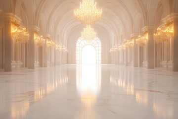 Majestic Hall: The image shows a majestic hall with marble floor, pillars and luxurious chandelier, where every element suggests grandeur. The image invites viewers to admire the architectural style.