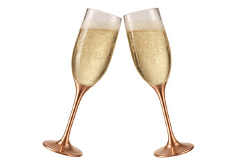 Two champagne flutes clinking for a toast, representing celebration, success, and joyful moments. Transparent background