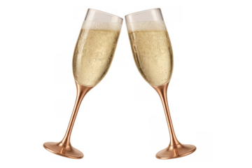 Two champagne flutes clinking for a toast, representing celebration, success, and joyful moments. Transparent background