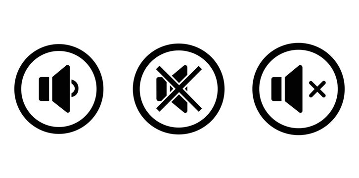 Three black and white sound icons showing volume up muted and no sound in a row on white background