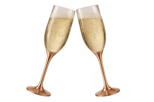 Two champagne flutes clinking for a toast, representing celebration, success, and joyful moments. Transparent background