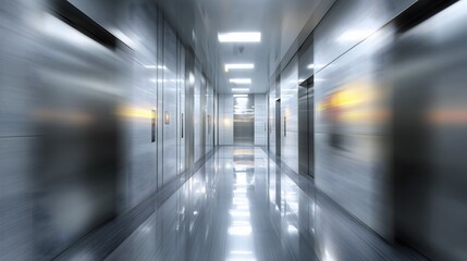 Fototapeta premium A long, modern hallway with reflective surfaces and elevators, creating a sense of depth and movement.