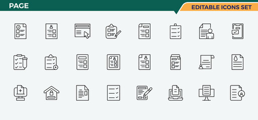 Page icon collection. Includes symbols for form, report, data, document, text and more. Form icon set. Collection of simple line web icons. Editable vector illustration.