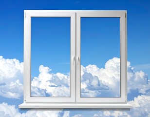 A white window frame opens onto a vibrant blue sky filled with fluffy, white clouds, creating a bright, airy scene