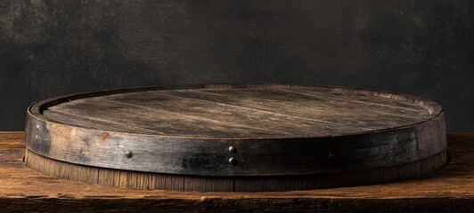 Fototapeta premium The Wooden Barrel Top On Rustic Table With Dramatic Dark Background Lighting