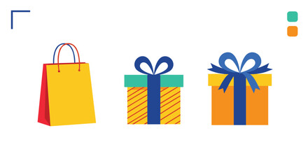 Three colorful gift items, a shopping bag and two wrapped presents, displayed on a white background.