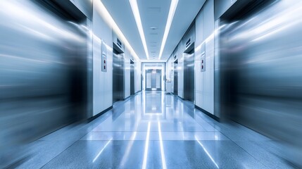 Fototapeta premium Dynamic perspective of a modern futuristic hallway with multiple elevators and reflective floors.