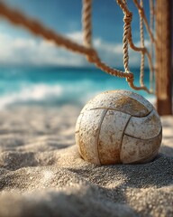 Old worn volleyball on beach court with sunset sea horizon for sporty summer lifestyle graphics and summer sport advertising, Weathered volleyball on beach sand by court net with glowing sunset sea