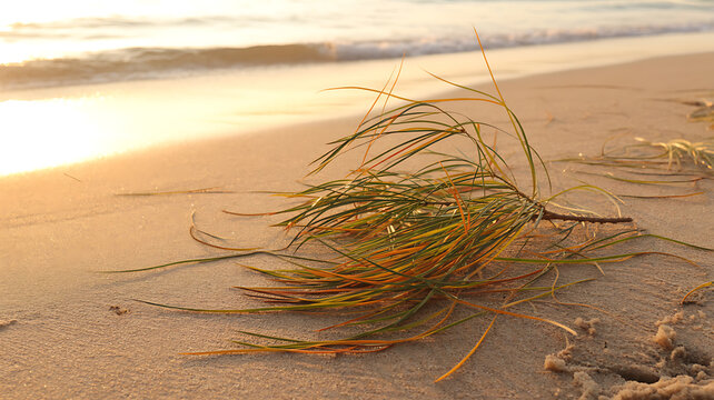 Driftwood and seaweed on a sandy beach at sunset
