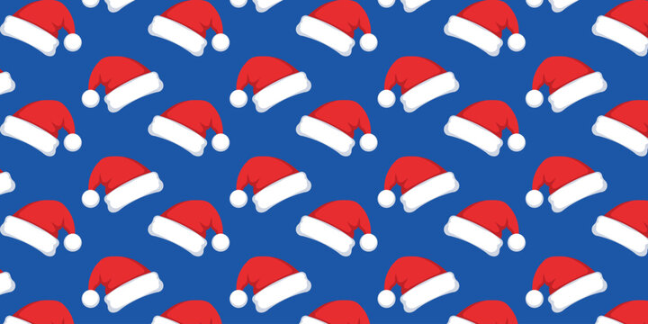Bright, cheerful seamless pattern featuring classic red and white Santa Claus hats arranged diagonally on a vibrant blue background. Perfect for holiday marketing, winter textiles, digital assets, and