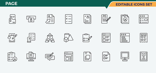 Page icon collection. Includes symbols for form, report, data, document, text and more. Form icon set. Collection of simple line web icons. Editable vector illustration.
