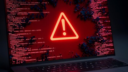 Glowing red warning triangle flashing on a laptop screen surrounded by glitching binary code and data particles in a dark 3D animation, illustrating a major cyber security system failure. - Powered by Adobe