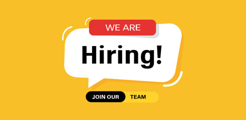 A yellow background with a hiring announcement in a speech bubble and join our team button below