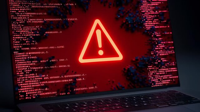 Glowing red warning triangle flashing on a laptop screen surrounded by glitching binary code and data particles in a dark 3D animation, illustrating a major cyber security system failure.