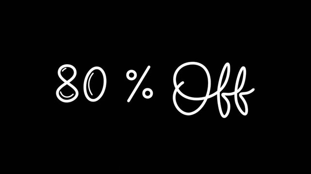 80% offer One line continuous animated typography intro outro, hand drawn calligraphy monoline lettering vintage text on background animation video eighty percentage off white type on white bg