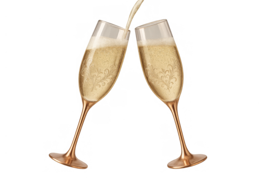 Two elegant champagne flutes toasting during a festive celebration, pouring sparkling wine, transparent background