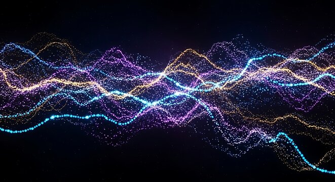 Abstract Colorful Sound Wave Particles Flowing on Dark Background.