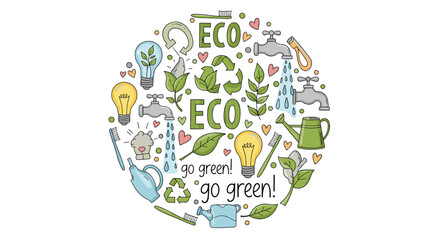 Illustration of eco-friendly symbols and messages in a circular arrangement on a white background.