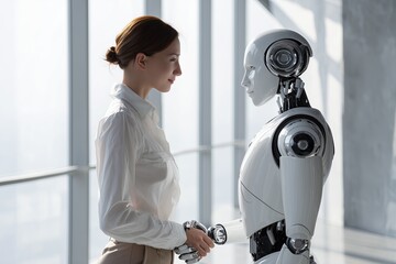 Young businesswoman shaking hands with humanoid robot in modern office